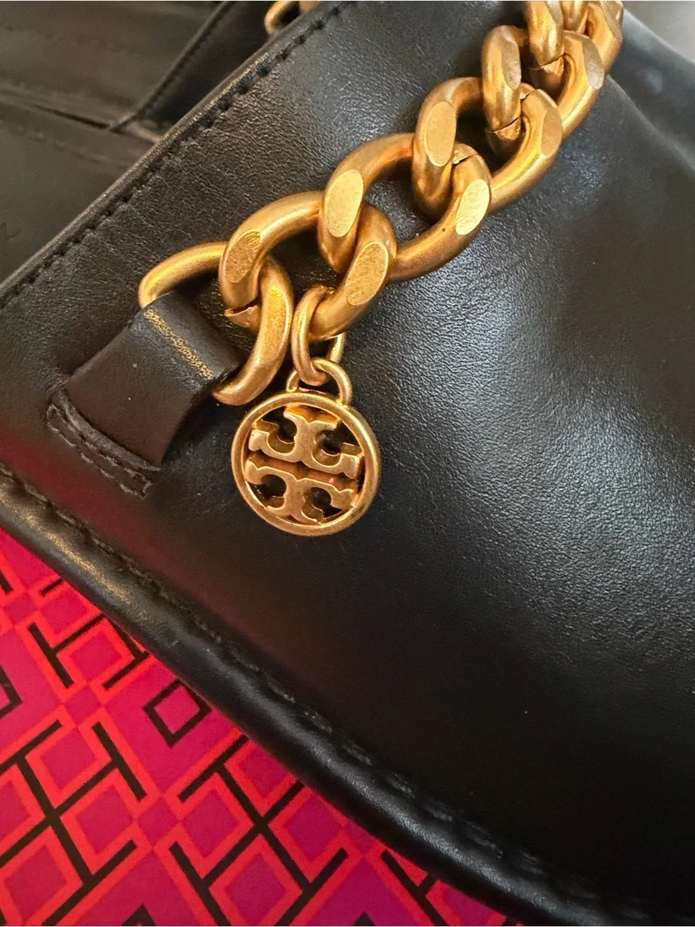 Tory Burch Black Leather Chain-Trim Clog Mules